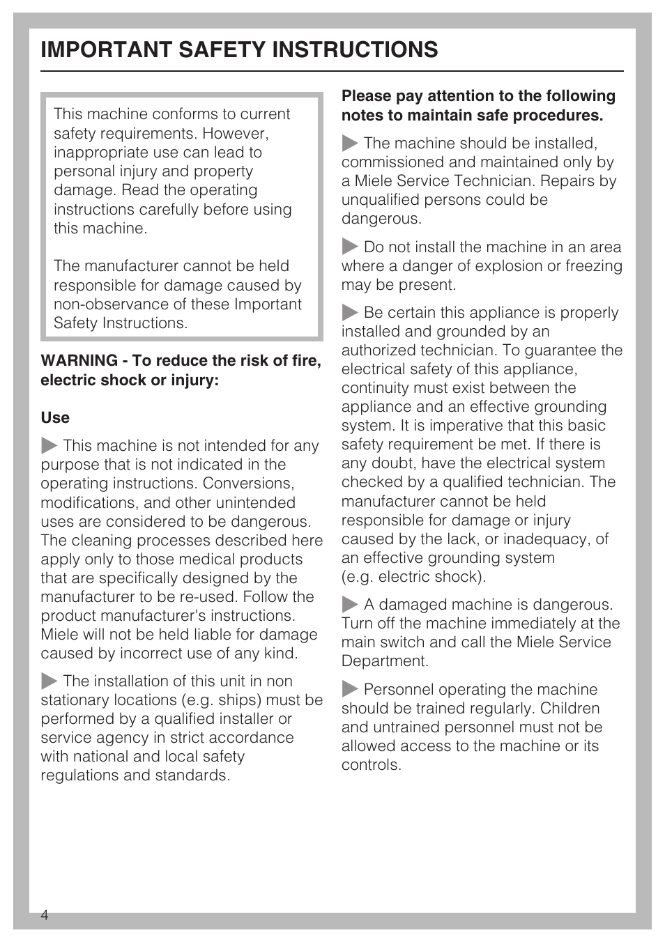 Important safety instructions 4, Important safety instructions | Miele G 7893 User Manual | Page 4 / 76