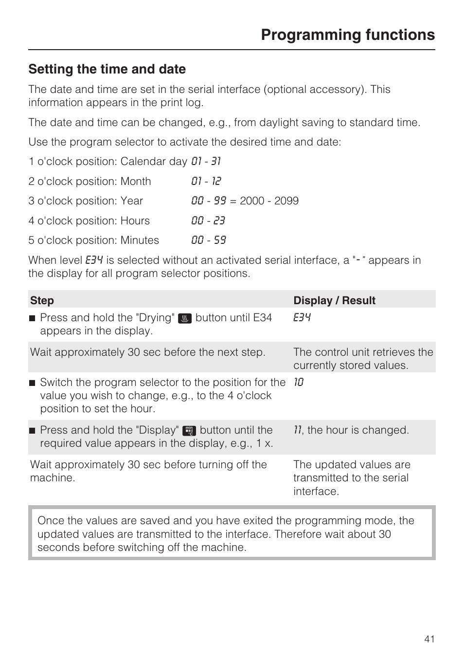 Setting the time and date 41, Programming functions, Setting the time and date | Miele G 7893 User Manual | Page 41 / 76