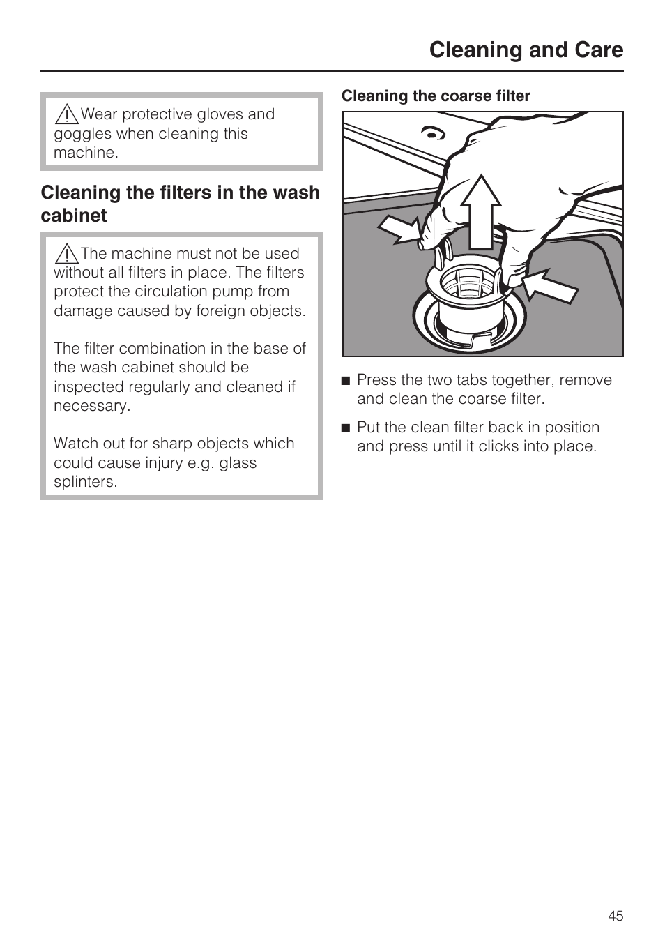Cleaning and care 45, Cleaning and care | Miele G 7893 User Manual | Page 45 / 76