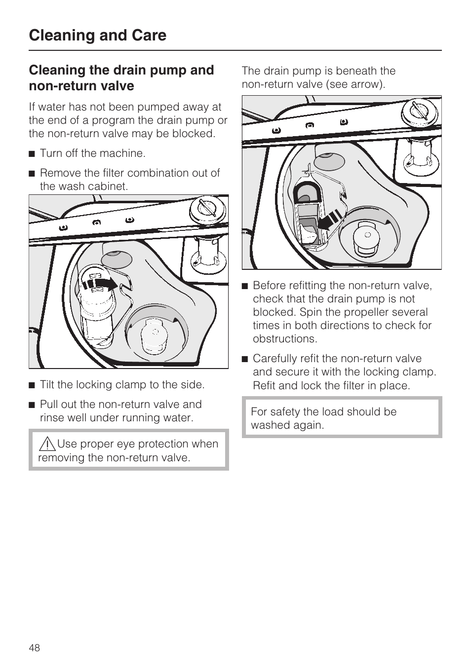 Cleaning and care, Cleaning the drain pump and non-return valve | Miele G 7893 User Manual | Page 48 / 76