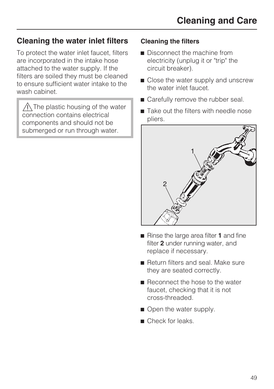 Cleaning and care, Cleaning the water inlet filters | Miele G 7893 User Manual | Page 49 / 76