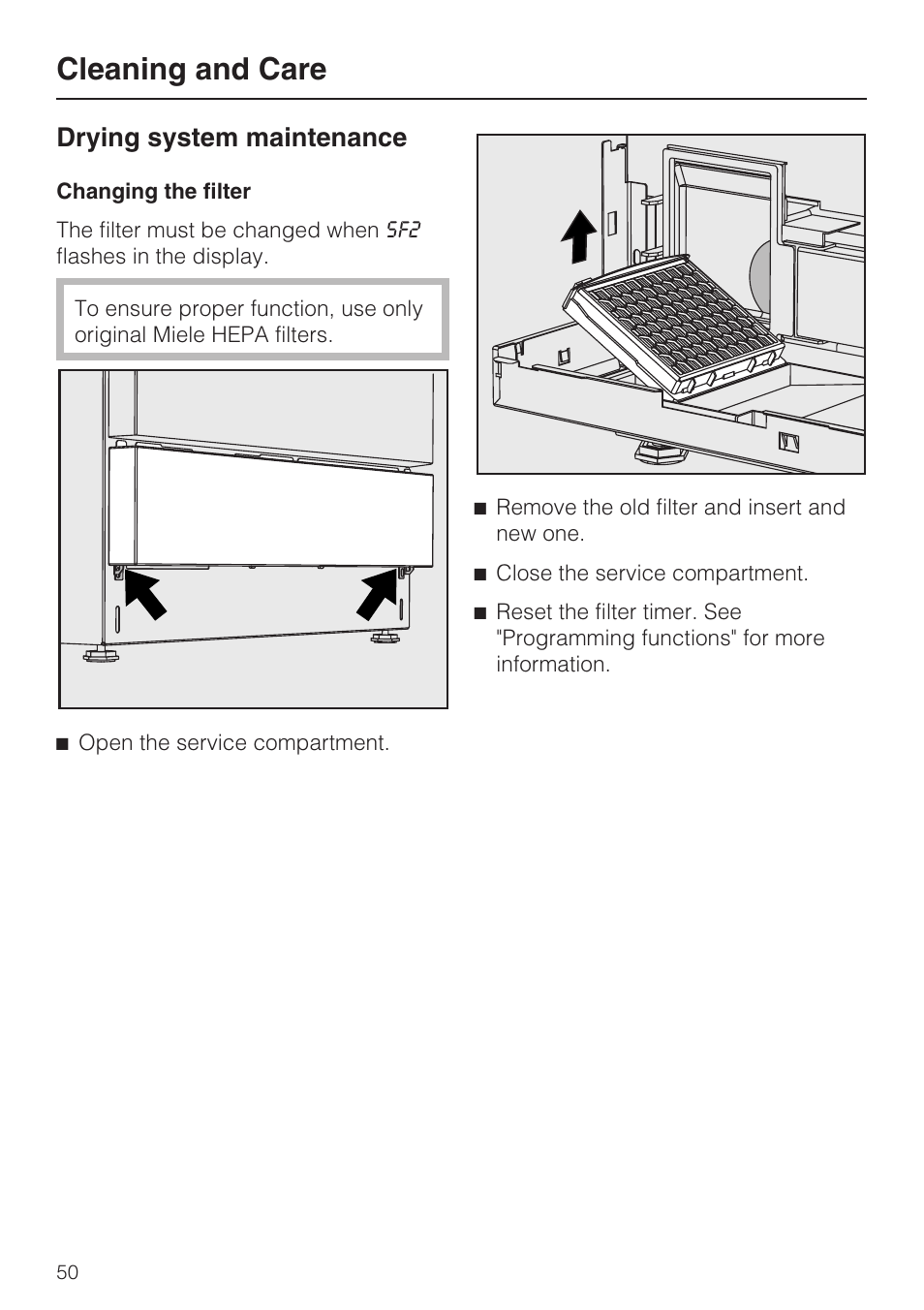 Drying system maintenance 50, Changing the filter 50, Cleaning and care | Drying system maintenance | Miele G 7893 User Manual | Page 50 / 76