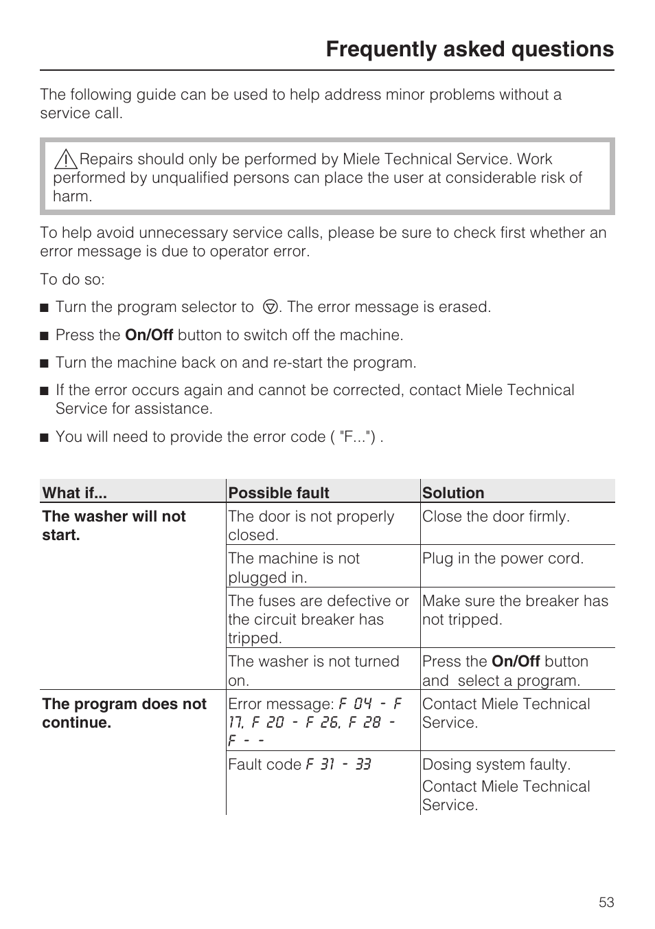 Frequently asked questions 53, Frequently asked questions | Miele G 7893 User Manual | Page 53 / 76
