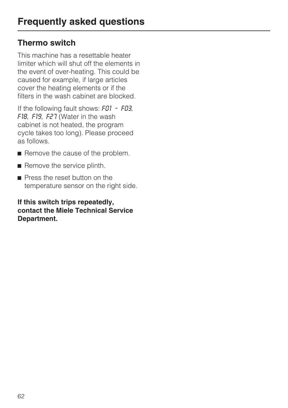 Thermo switch 62, Frequently asked questions, Thermo switch | Miele G 7893 User Manual | Page 62 / 76