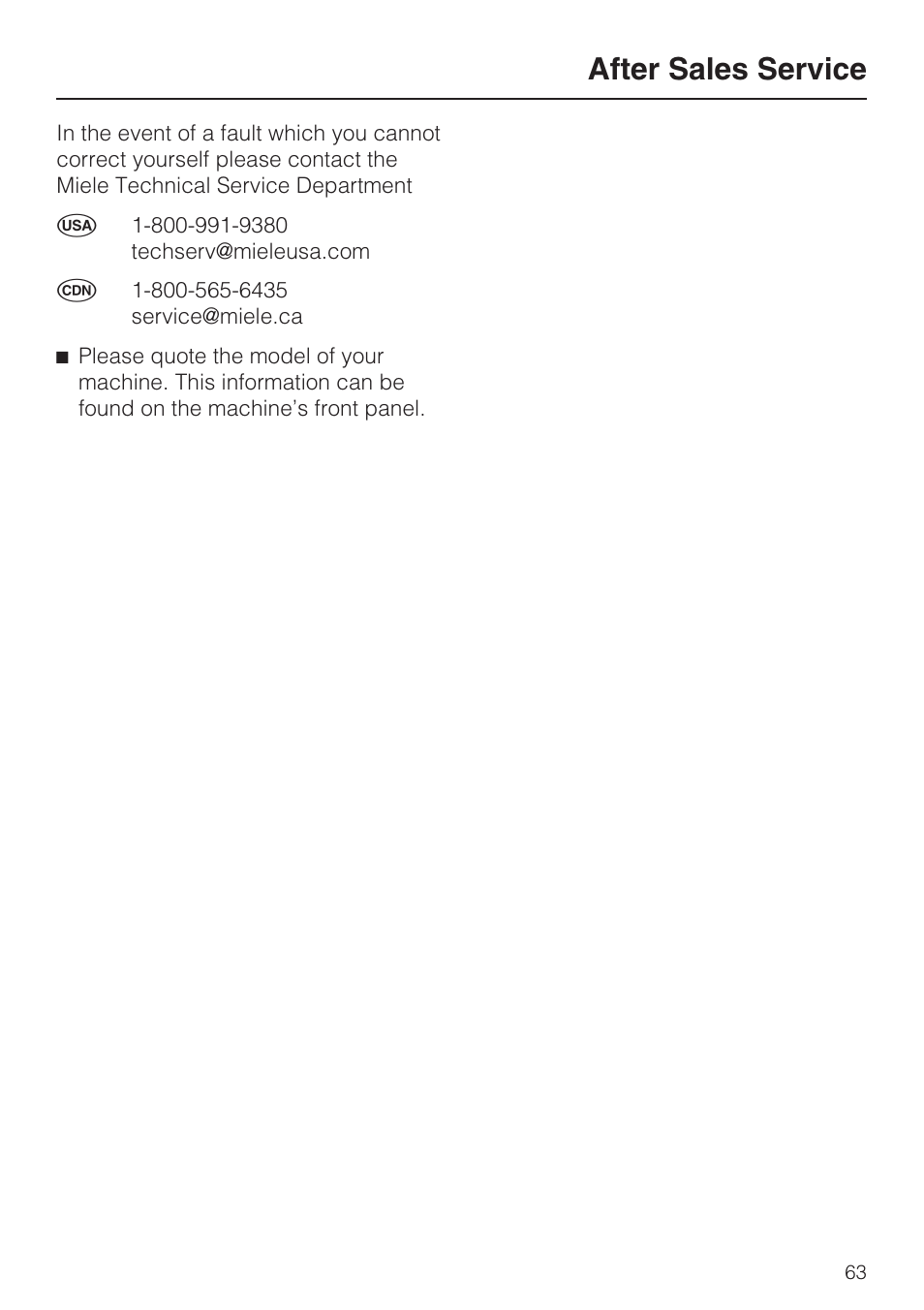 After sales service 63, After sales service | Miele G 7893 User Manual | Page 63 / 76