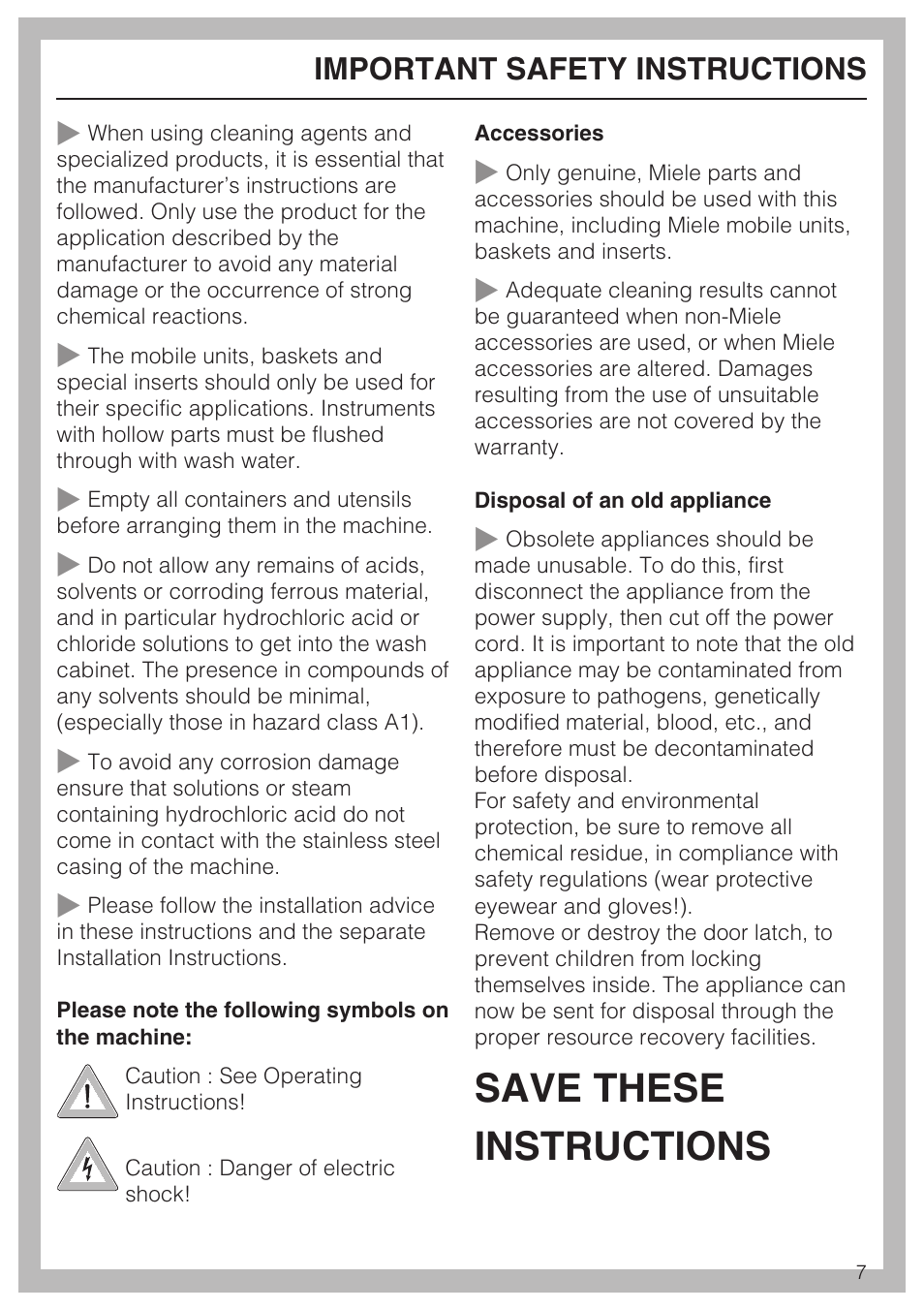 Save these instructions, Important safety instructions | Miele G 7893 User Manual | Page 7 / 76
