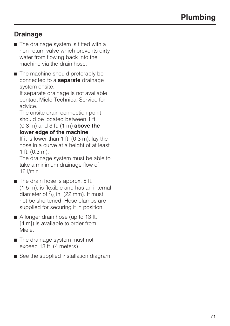 Plumbing, Drainage | Miele G 7893 User Manual | Page 71 / 76