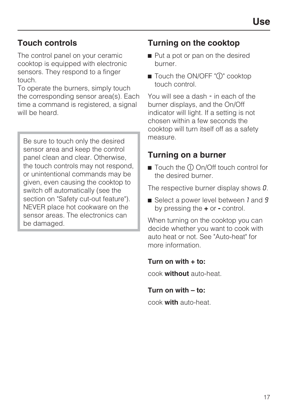 Use 17, Touch controls 17, Turning on the cooktop 17 | Turning on a burner 17, Touch controls, Turning on the cooktop, Turning on a burner | Miele KM5753 User Manual | Page 17 / 52