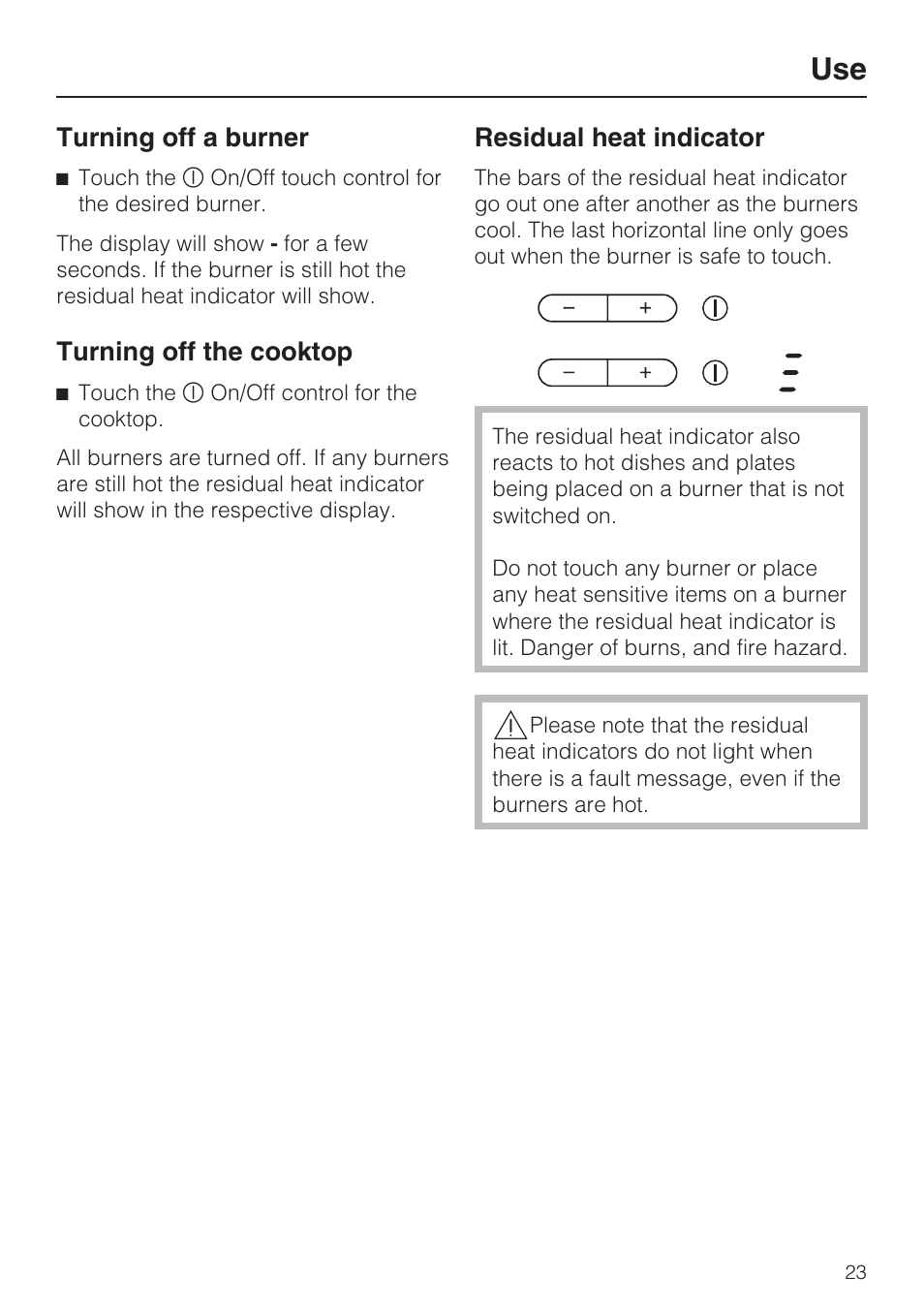 Turning off a burner 23, Turning off the cooktop 23, Residual heat indicator 23 | Miele KM5753 User Manual | Page 23 / 52