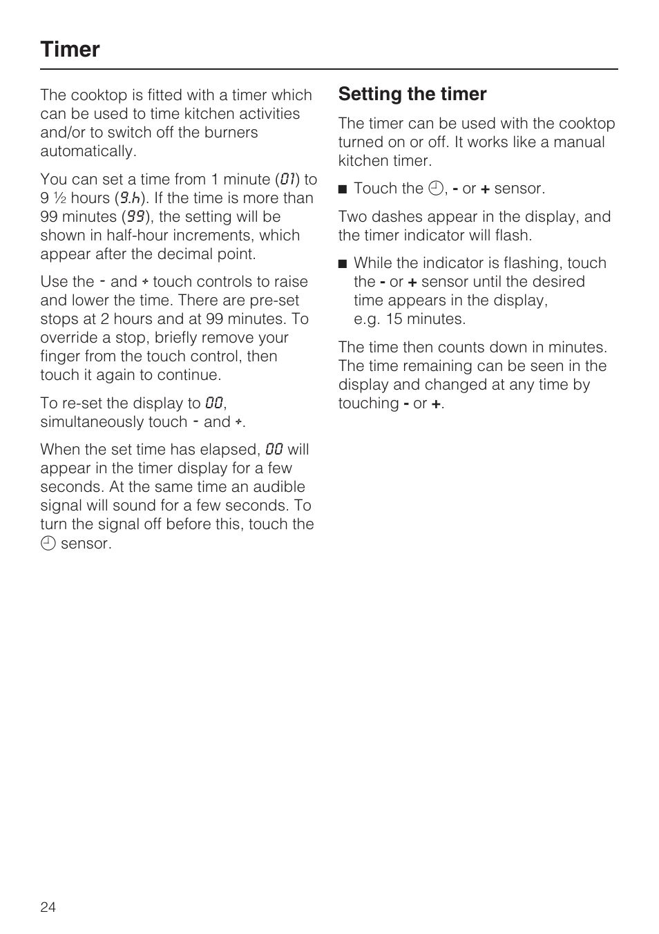 Timer 24, Setting the timer 24, Timer | Setting the timer | Miele KM5753 User Manual | Page 24 / 52