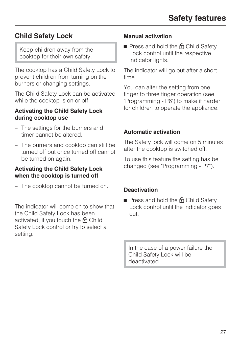 Safety features 27, Child safety lock 27, Safety features | Child safety lock | Miele KM5753 User Manual | Page 27 / 52