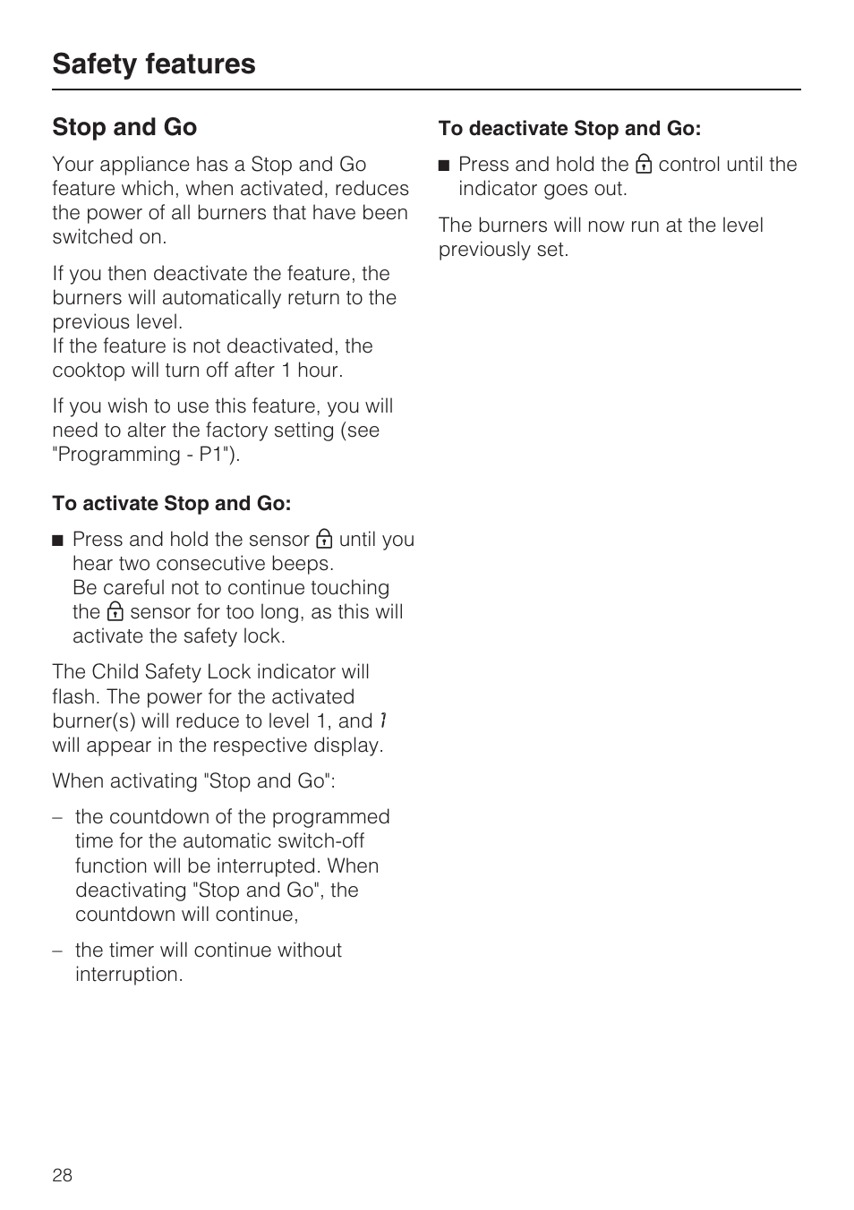 Stop and go 28, Safety features, Stop and go | Miele KM5753 User Manual | Page 28 / 52
