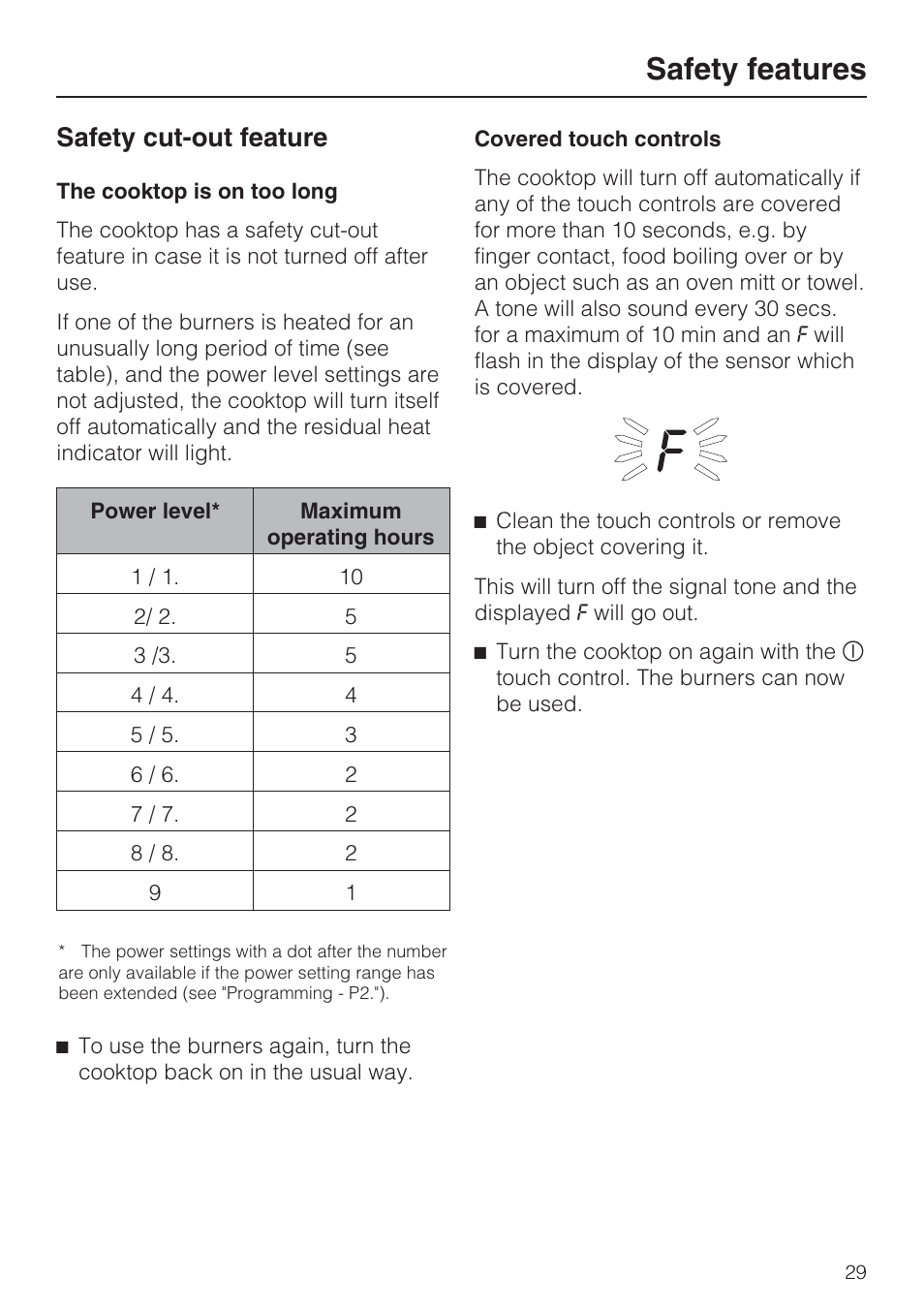 Safety cut-out feature 29, Safety features, Safety cut-out feature | Miele KM5753 User Manual | Page 29 / 52
