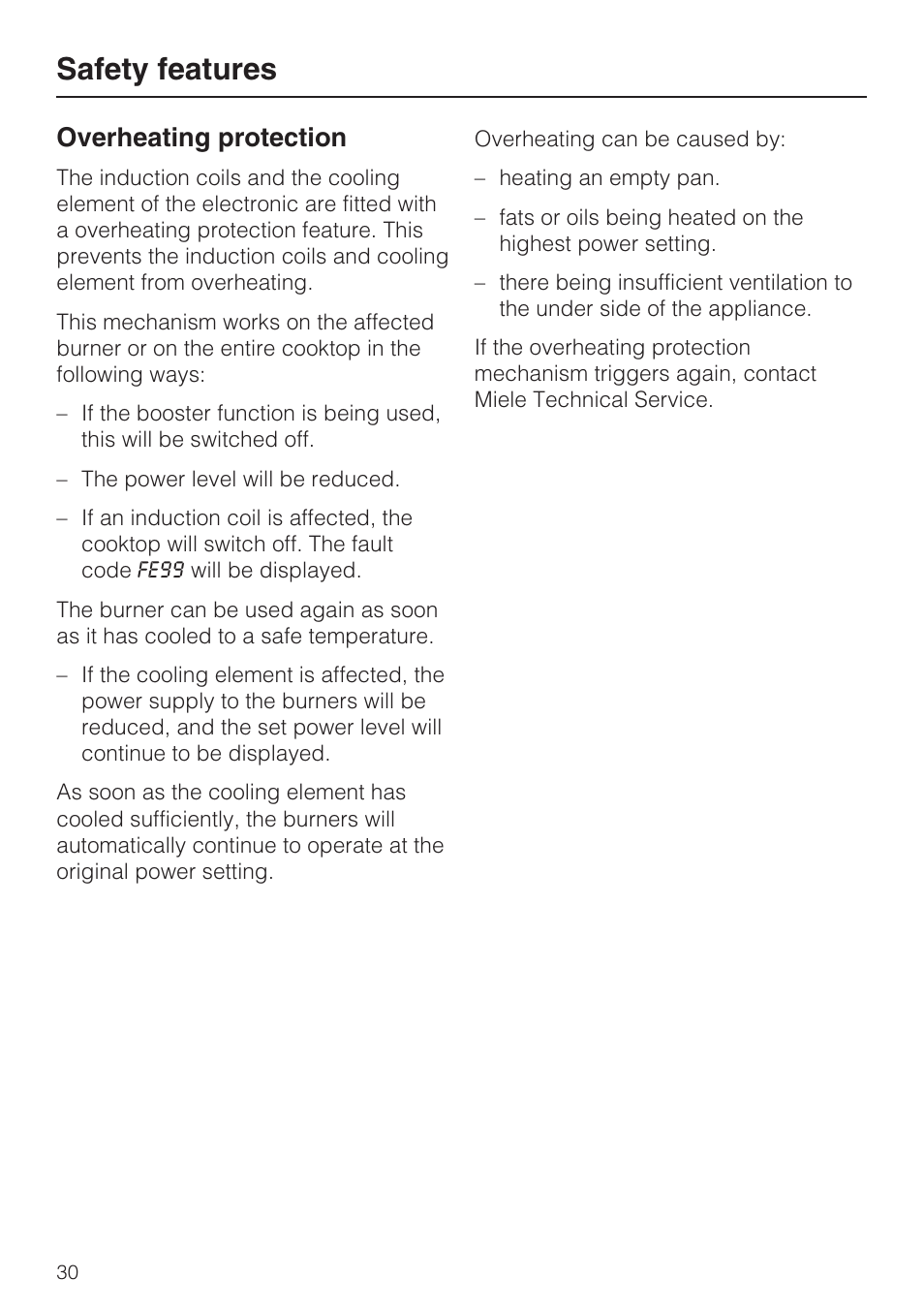 Overheating protection 30, Safety features, Overheating protection | Miele KM5753 User Manual | Page 30 / 52