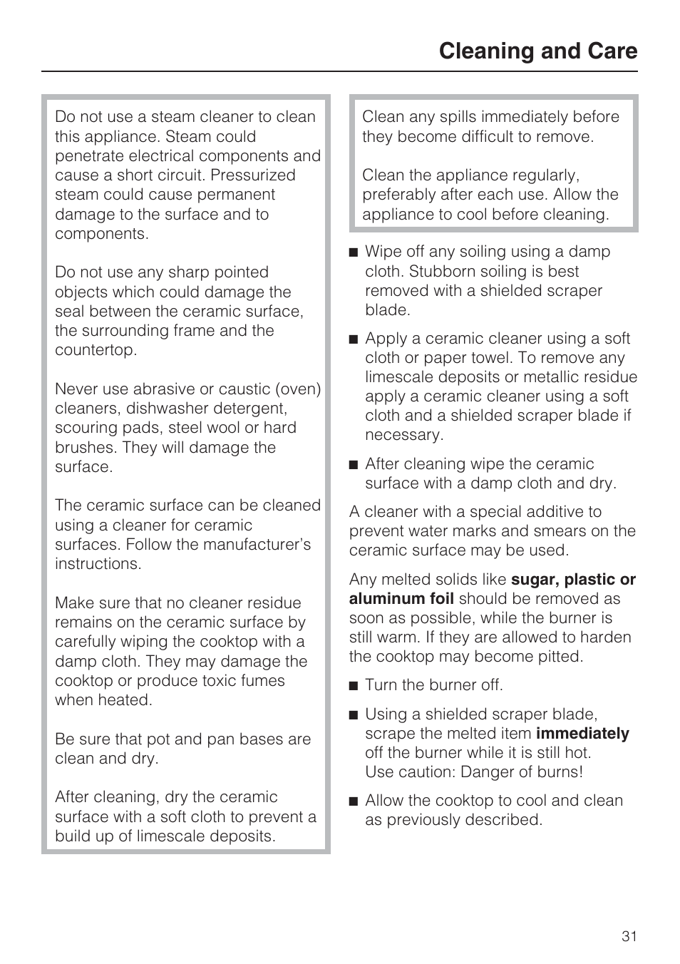 Cleaning and care 31, Cleaning and care | Miele KM5753 User Manual | Page 31 / 52