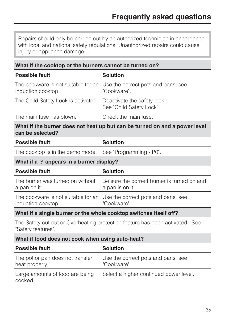 Frequently asked questions 35, Frequently asked questions | Miele KM5753 User Manual | Page 35 / 52