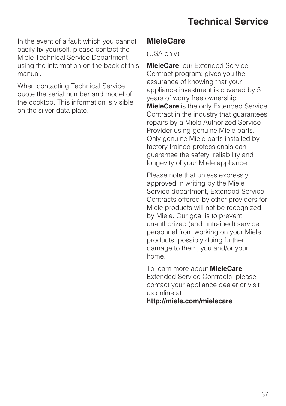 Technical service 37, Technical service, Mielecare | Miele KM5753 User Manual | Page 37 / 52