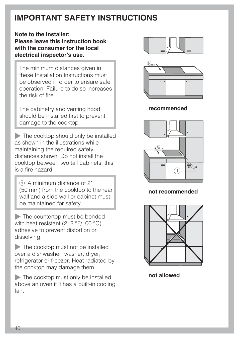 Important safety instructions 40, Important safety instructions | Miele KM5753 User Manual | Page 40 / 52