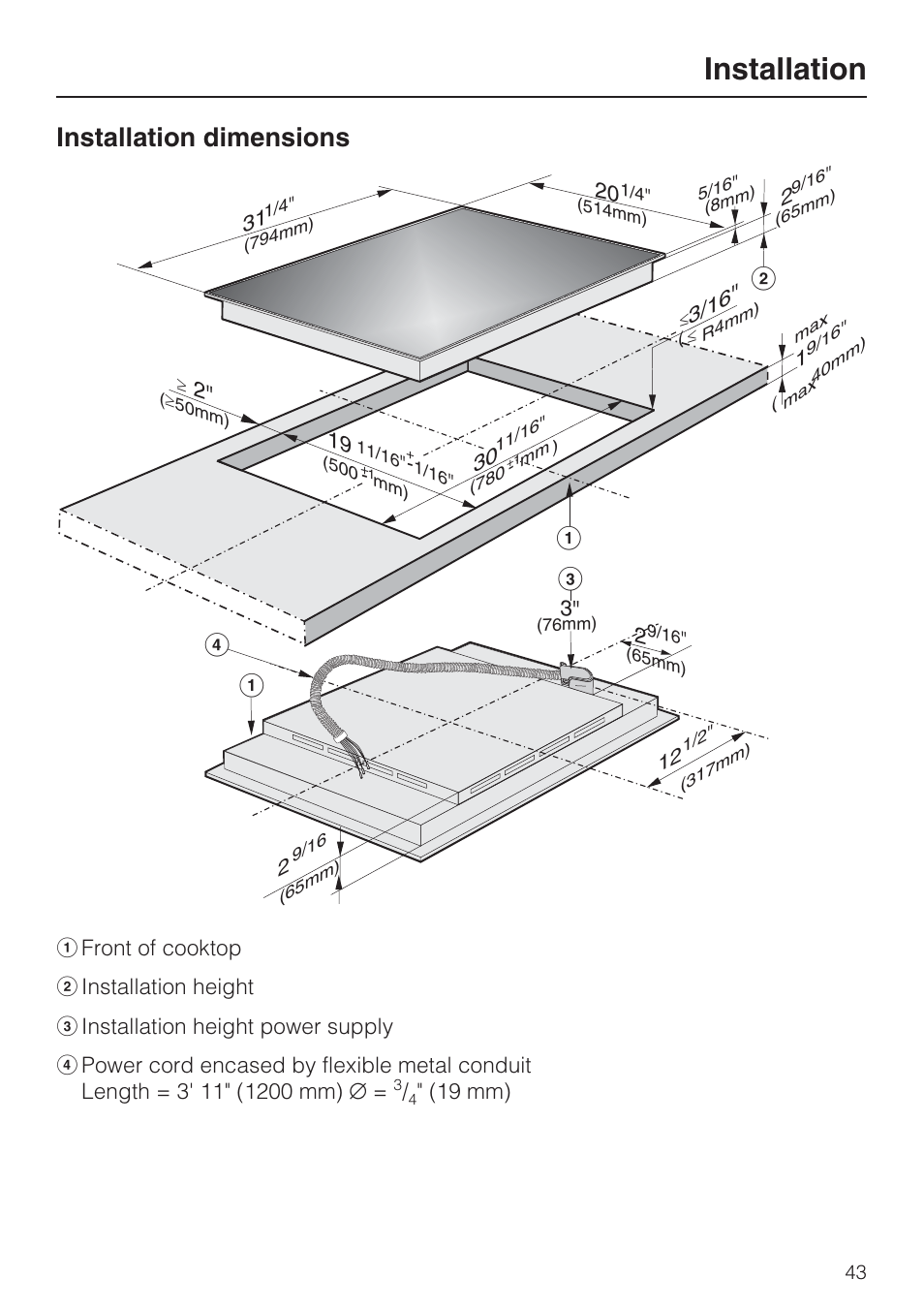Installation dimensions 43, Installation, Installation dimensions | Miele KM5753 User Manual | Page 43 / 52