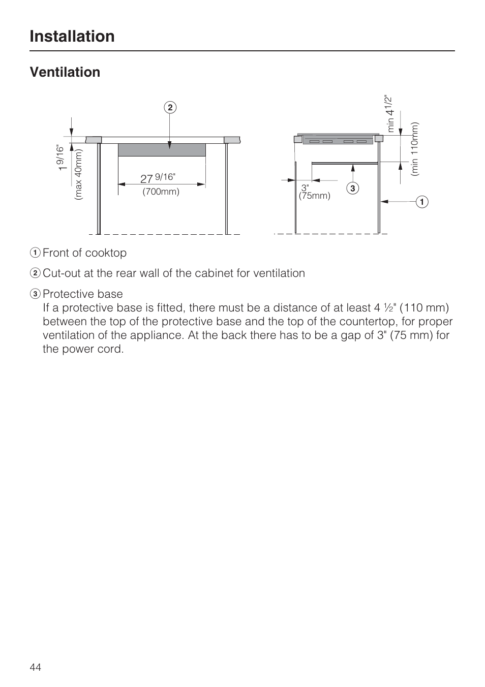 Ventilation 44, Installation, Ventilation | Miele KM5753 User Manual | Page 44 / 52