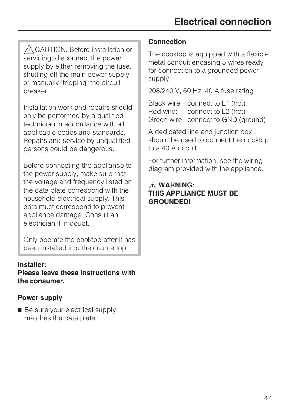Electrical connection 47, Electrical connection | Miele KM5753 User Manual | Page 47 / 52