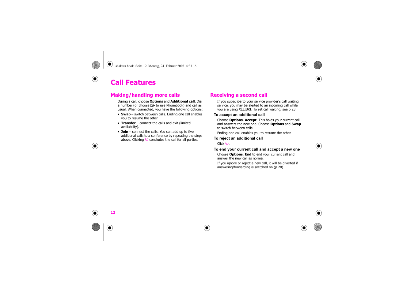 Call features | Siemens Xelibri 3 User Manual | Page 13 / 34