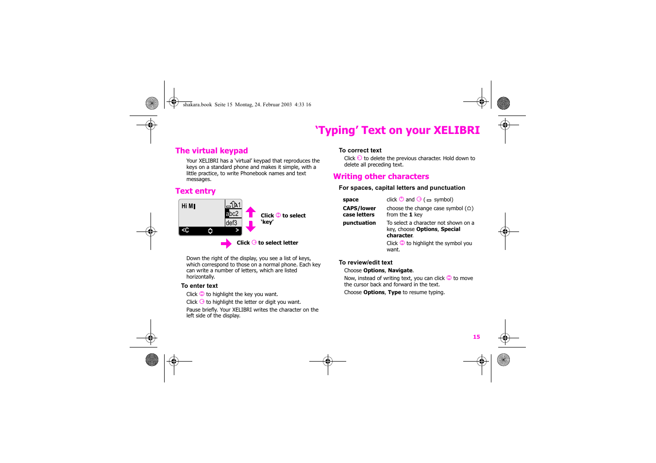 Typing’ text on your xelibri | Siemens Xelibri 3 User Manual | Page 16 / 34