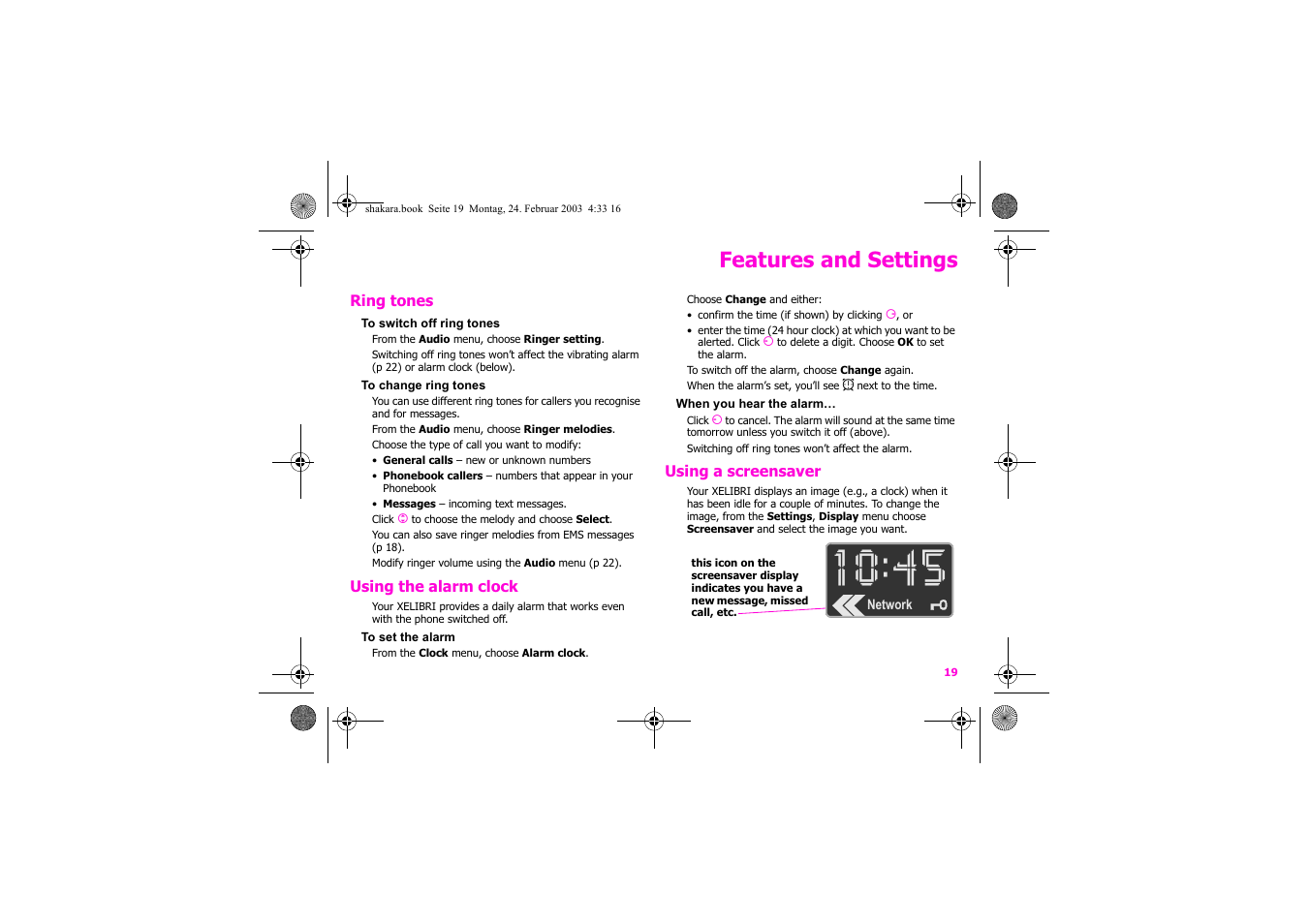 Features and settings | Siemens Xelibri 3 User Manual | Page 20 / 34