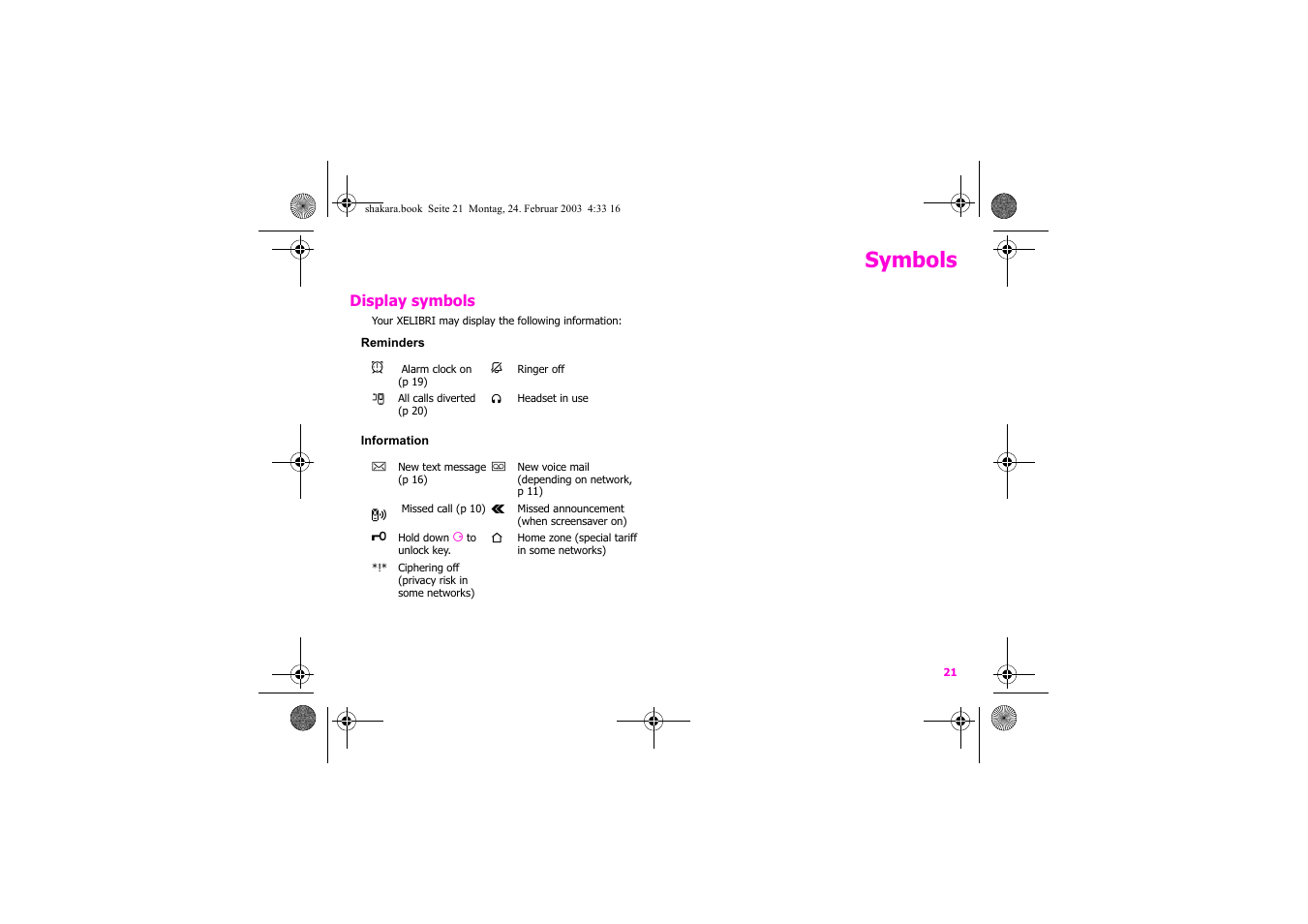 Symbols | Siemens Xelibri 3 User Manual | Page 22 / 34