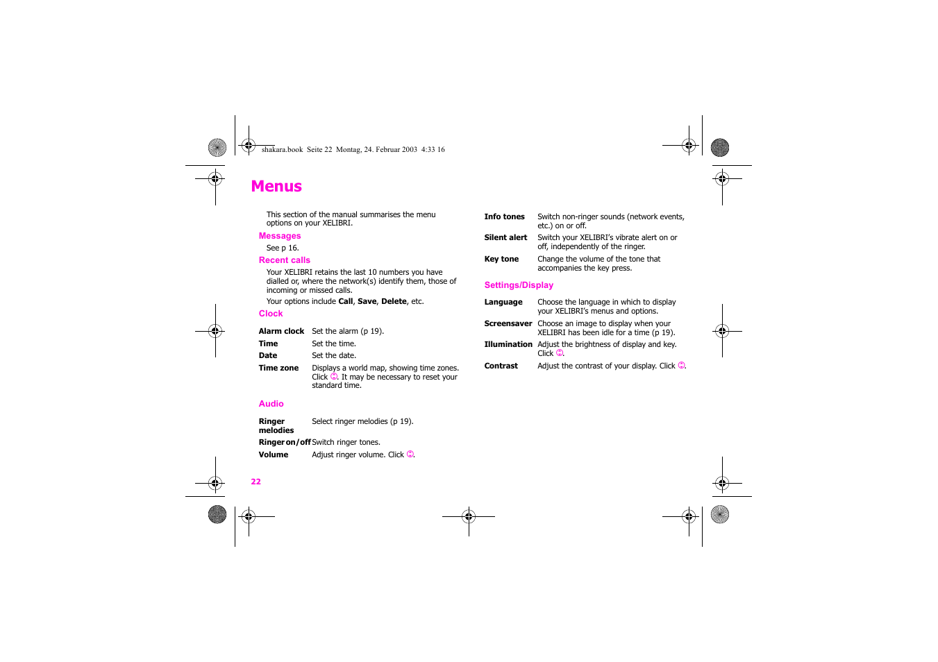 Menus | Siemens Xelibri 3 User Manual | Page 23 / 34