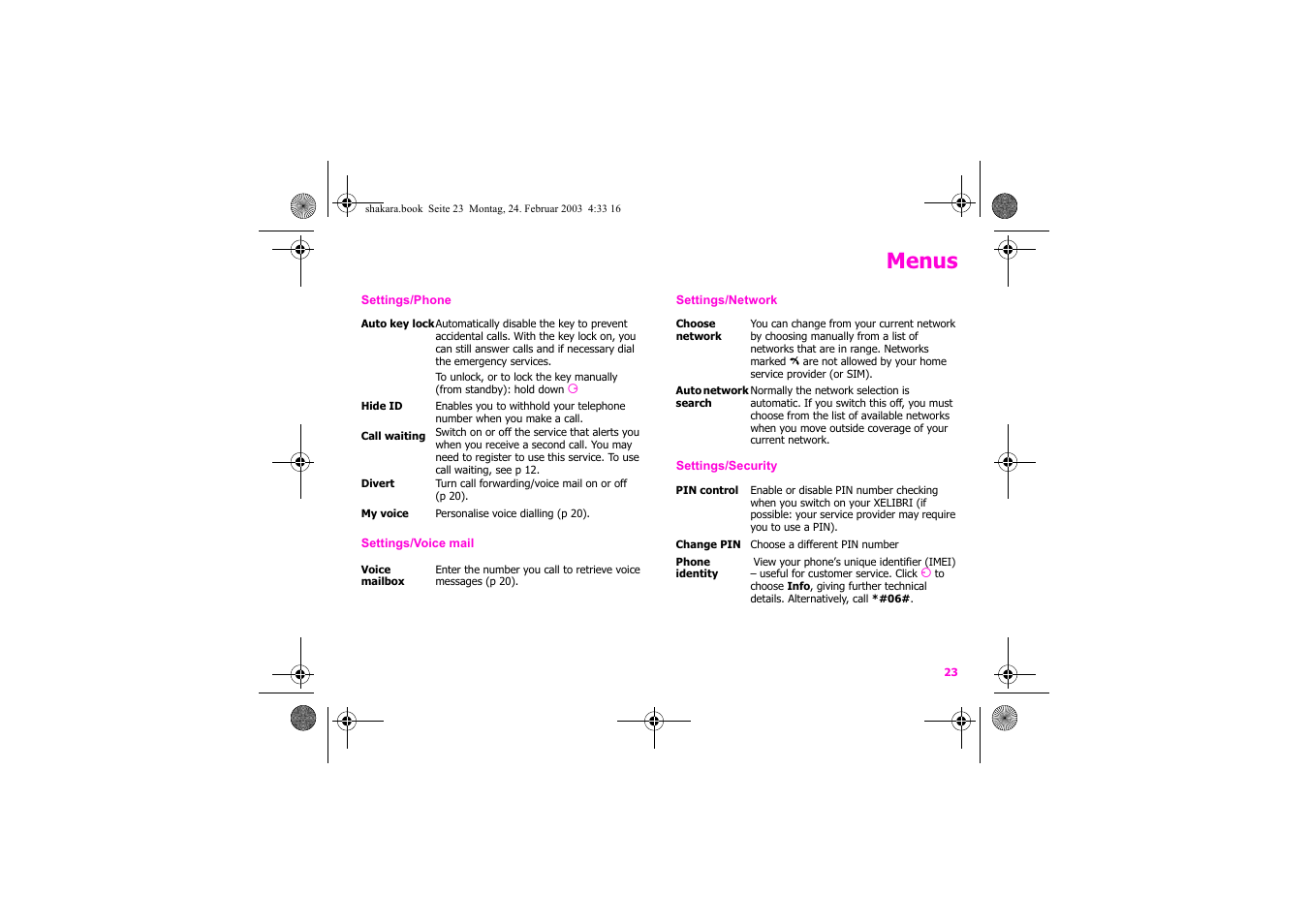 Menus | Siemens Xelibri 3 User Manual | Page 24 / 34