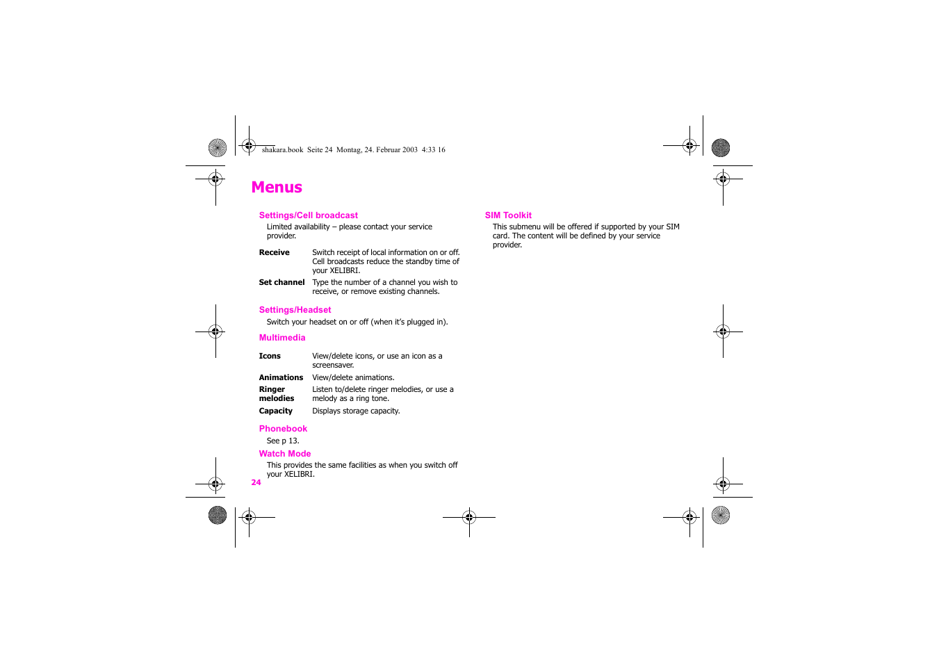 Menus | Siemens Xelibri 3 User Manual | Page 25 / 34