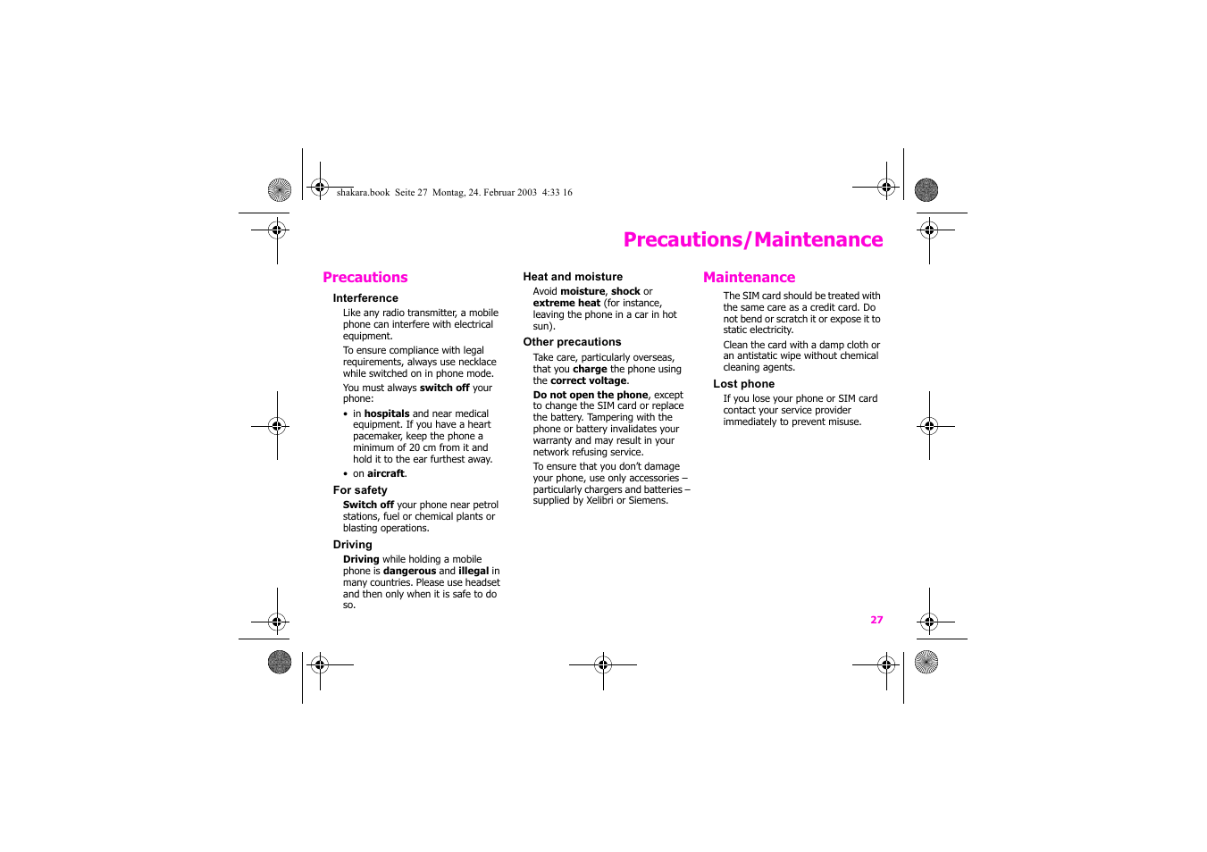 Precautions/maintenance | Siemens Xelibri 3 User Manual | Page 28 / 34