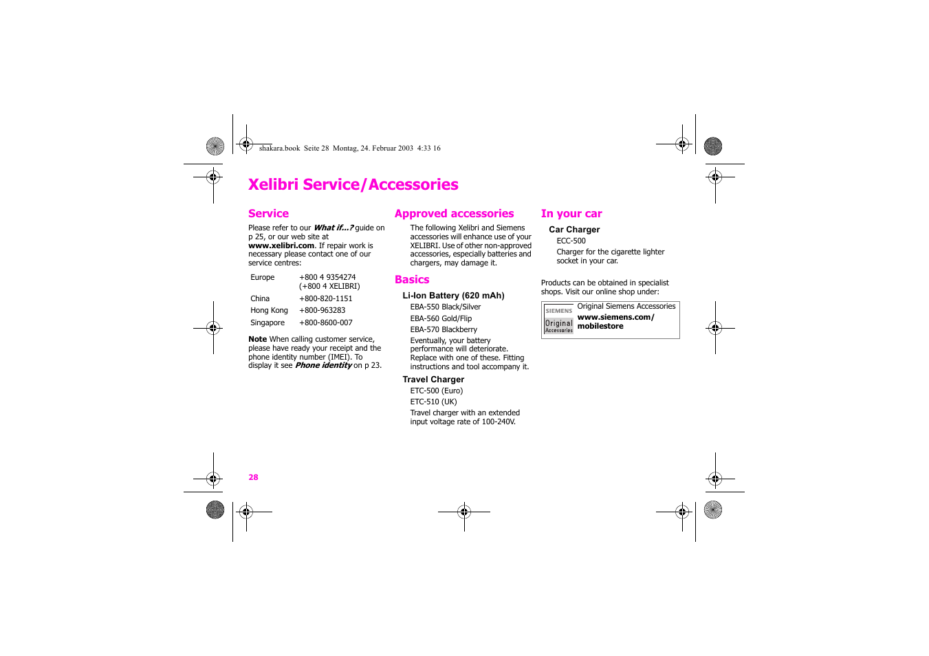 Xelibri service/accessories | Siemens Xelibri 3 User Manual | Page 29 / 34