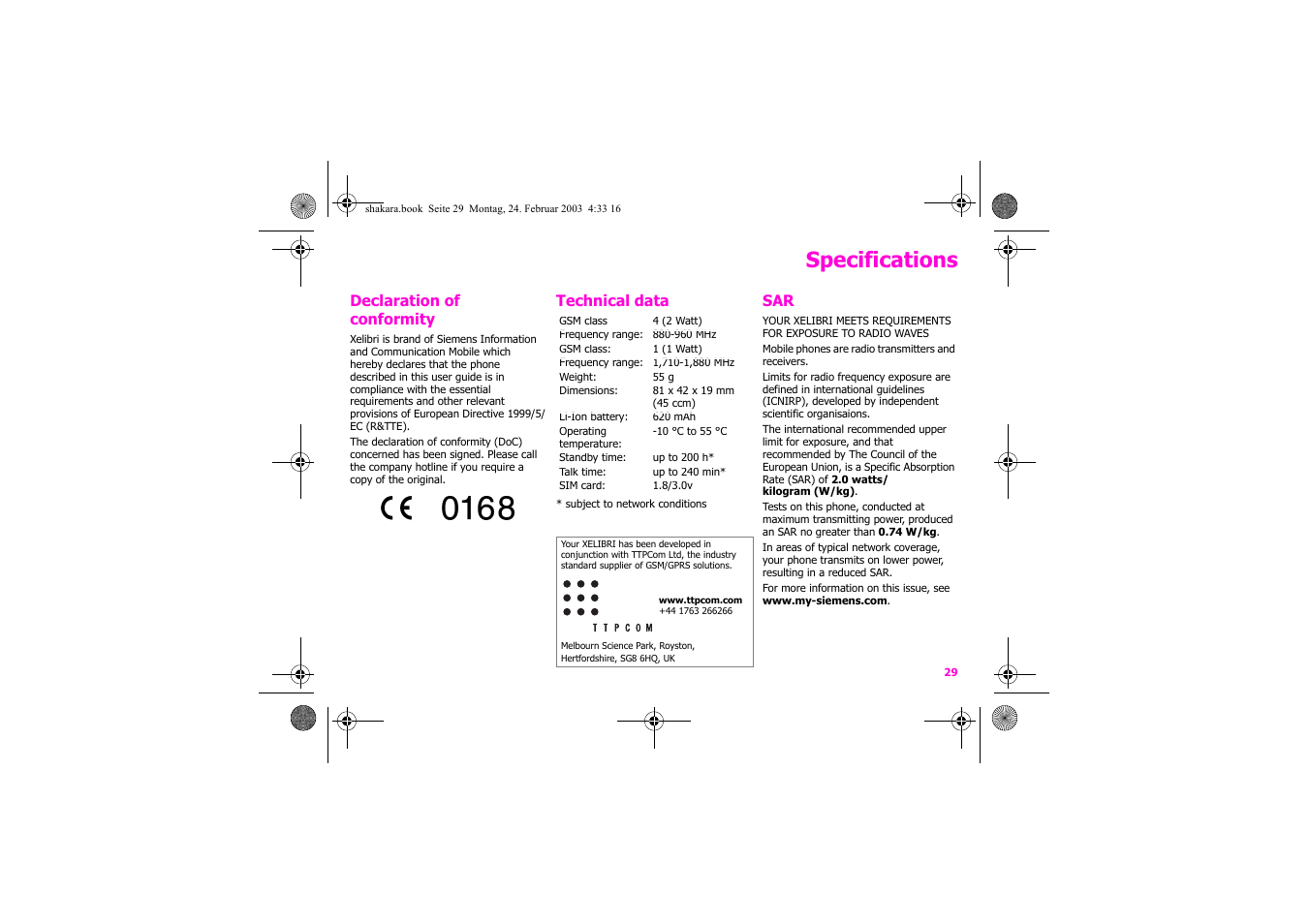 Specifications | Siemens Xelibri 3 User Manual | Page 30 / 34