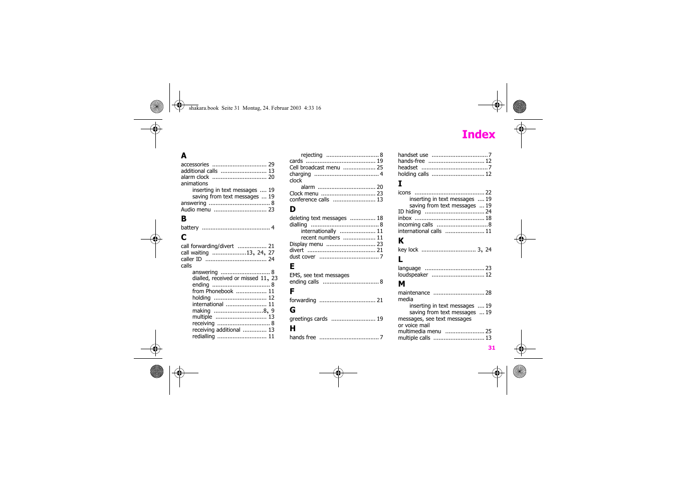 Index | Siemens Xelibri 3 User Manual | Page 32 / 34