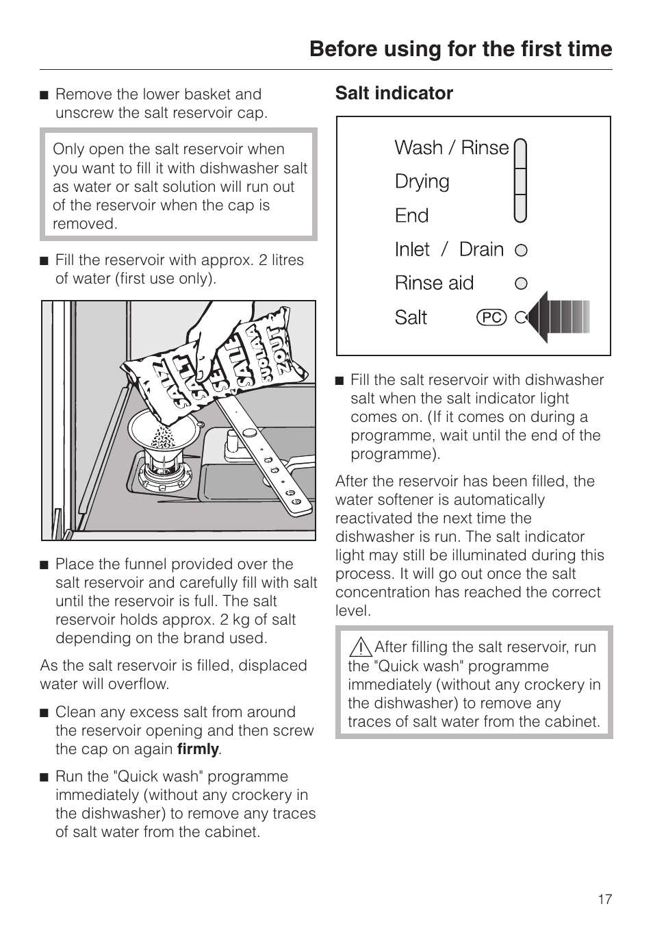 Salt indicator 17, Before using for the first time, Salt indicator | Miele 06 702 810 User Manual | Page 17 / 64