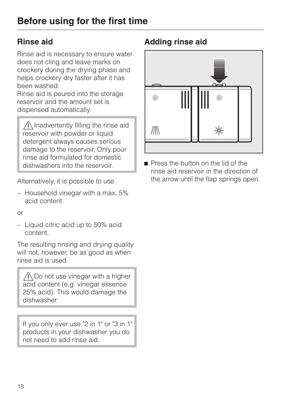 Rinse aid 18, Adding rinse aid 18, Before using for the first time | Miele 06 702 810 User Manual | Page 18 / 64