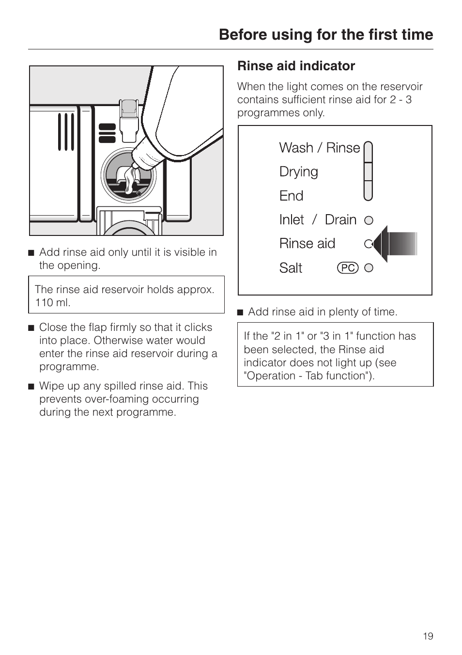 Rinse aid indicator 19, Before using for the first time, Rinse aid indicator | Miele 06 702 810 User Manual | Page 19 / 64