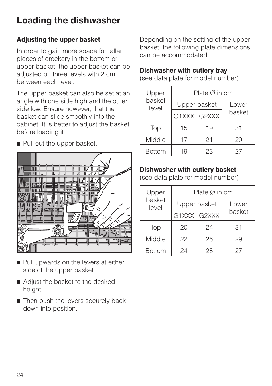 Adjusting the upper basket 24, Loading the dishwasher | Miele 06 702 810 User Manual | Page 24 / 64