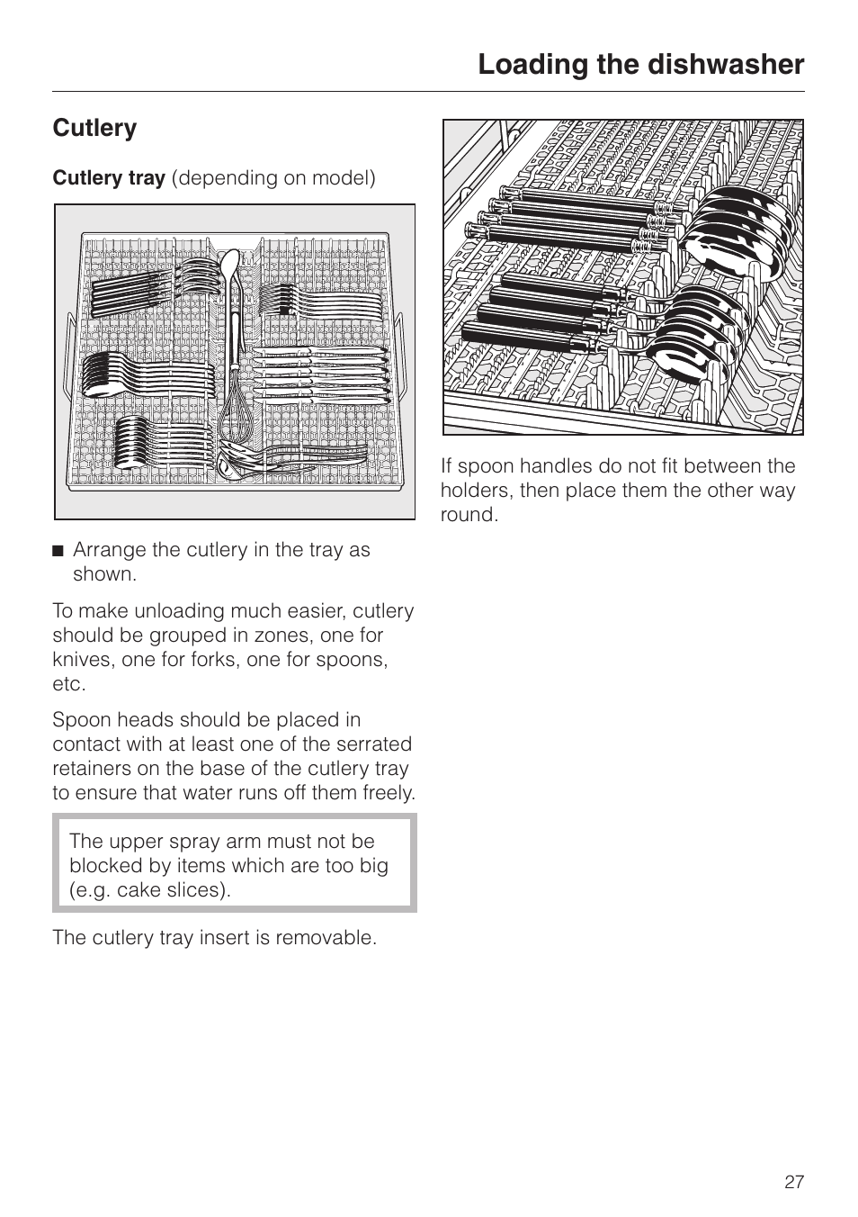 Cutlery 27, Cutlery tray (depending on model) 27, Loading the dishwasher | Cutlery | Miele 06 702 810 User Manual | Page 27 / 64