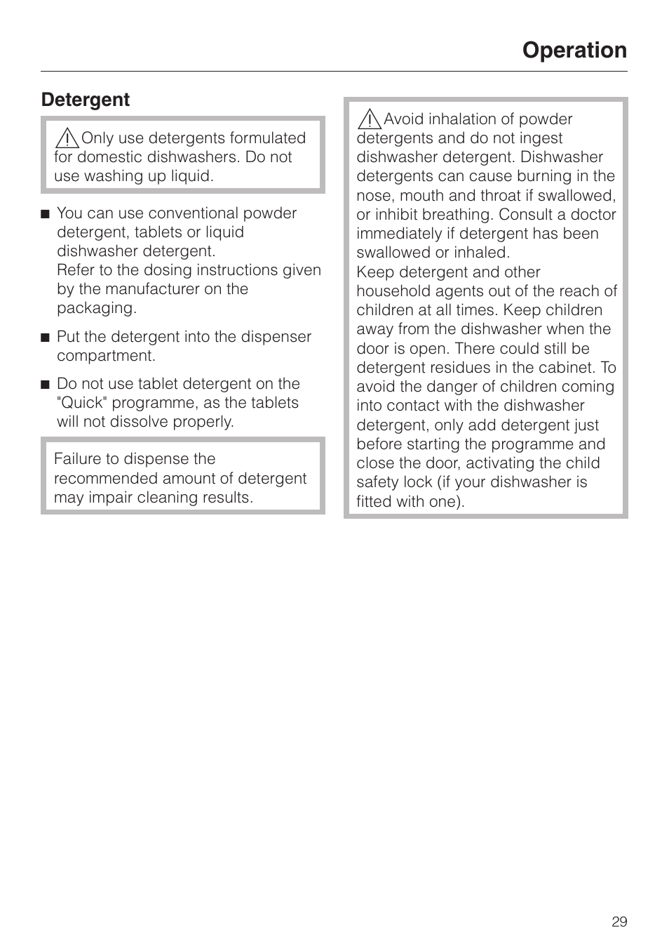 Operation 29, Detergent 29, Operation | Miele 06 702 810 User Manual | Page 29 / 64