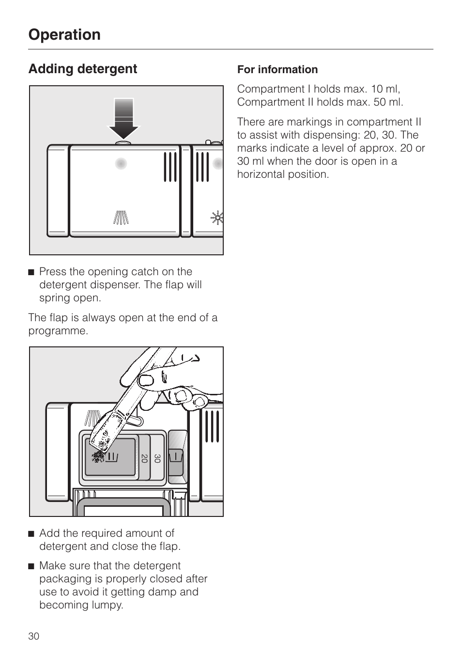 Adding detergent 30, Operation, Adding detergent | Miele 06 702 810 User Manual | Page 30 / 64