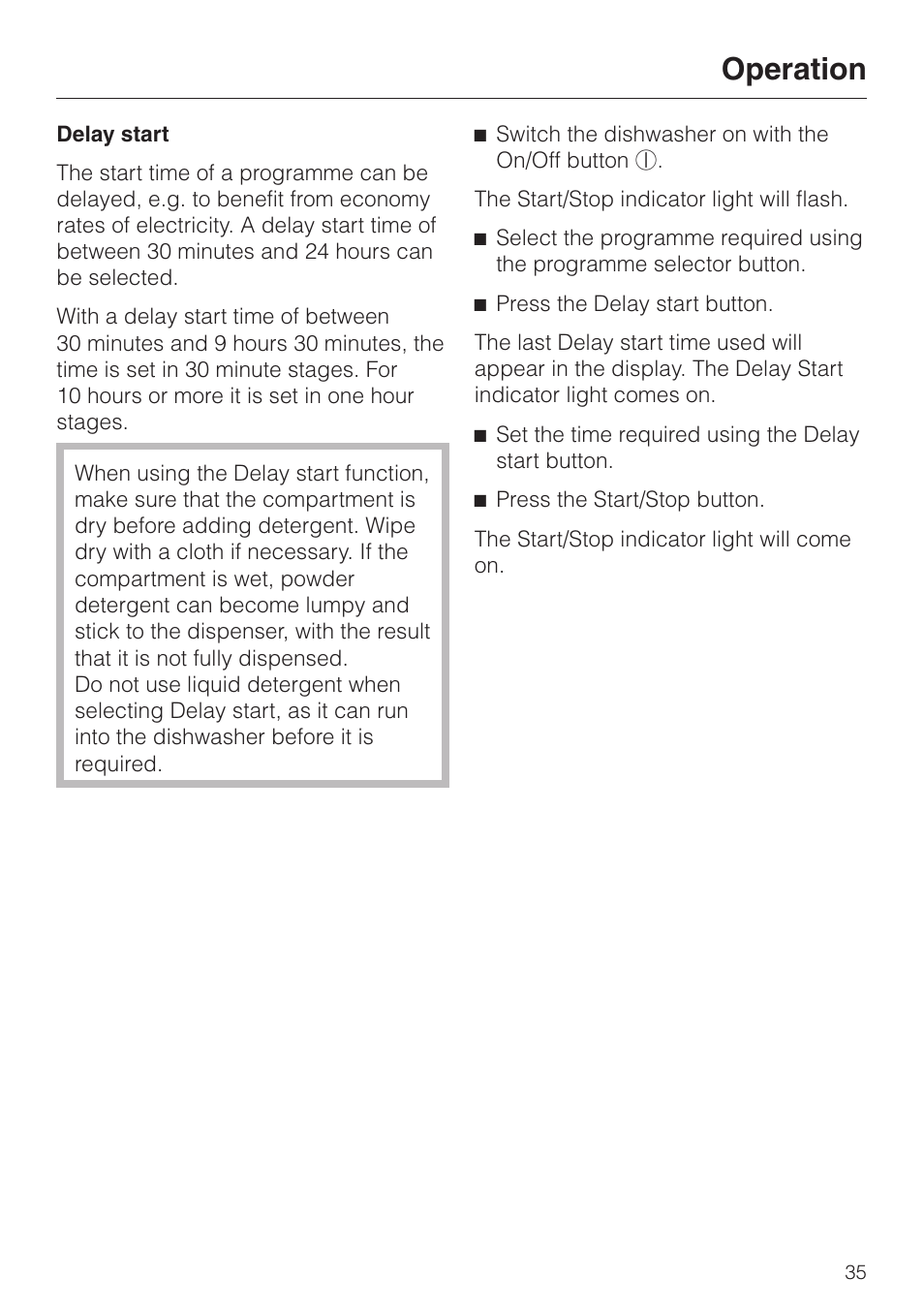 Delay start 35, Operation | Miele 06 702 810 User Manual | Page 35 / 64