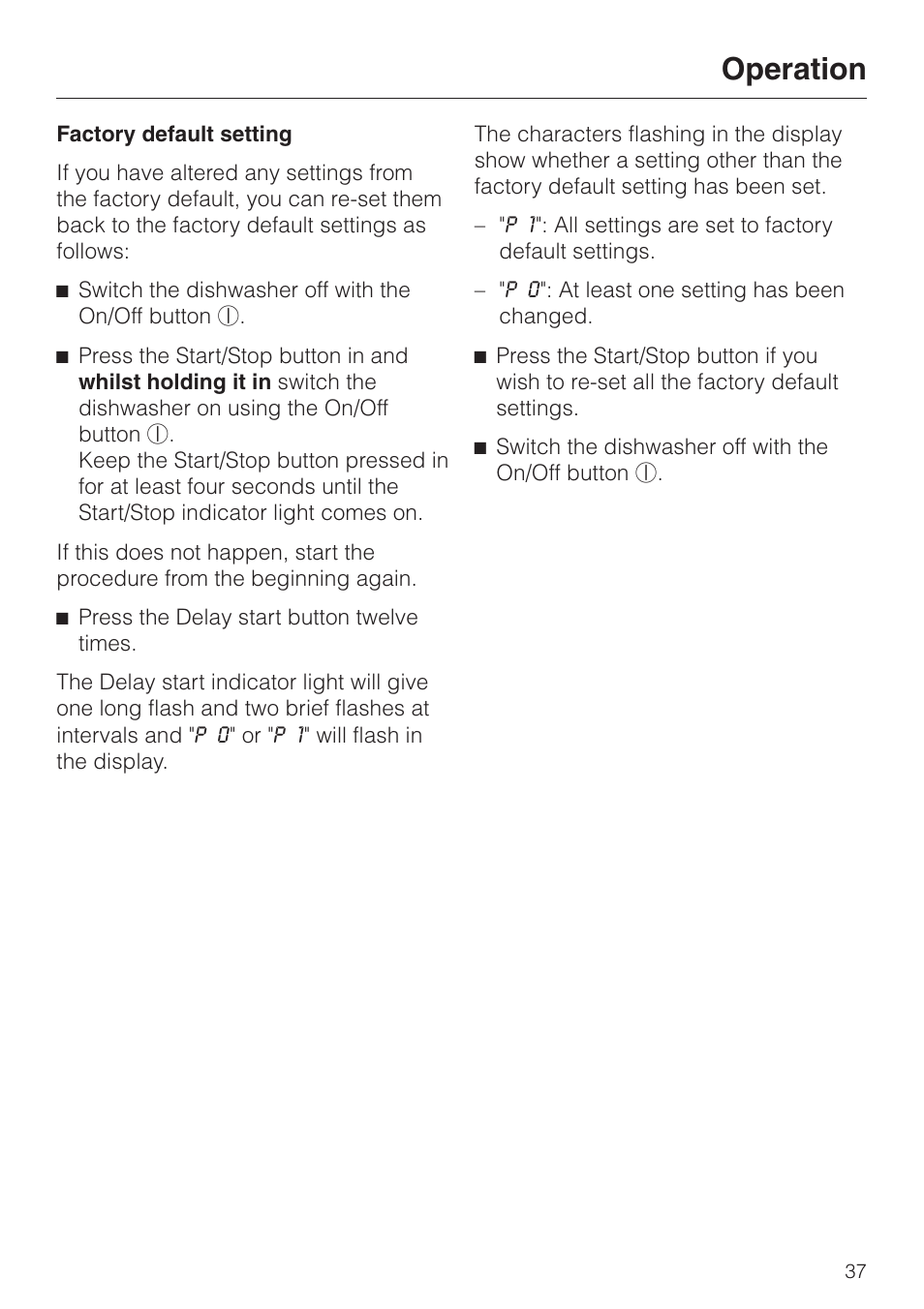 Factory default setting 37, Operation | Miele 06 702 810 User Manual | Page 37 / 64