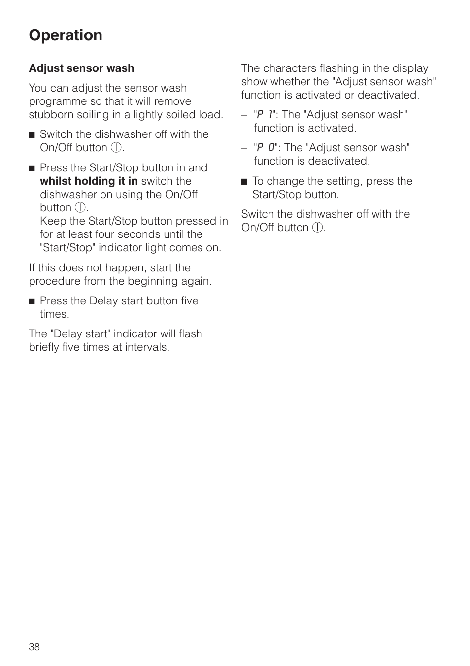 Adjust sensor wash 38, Operation | Miele 06 702 810 User Manual | Page 38 / 64