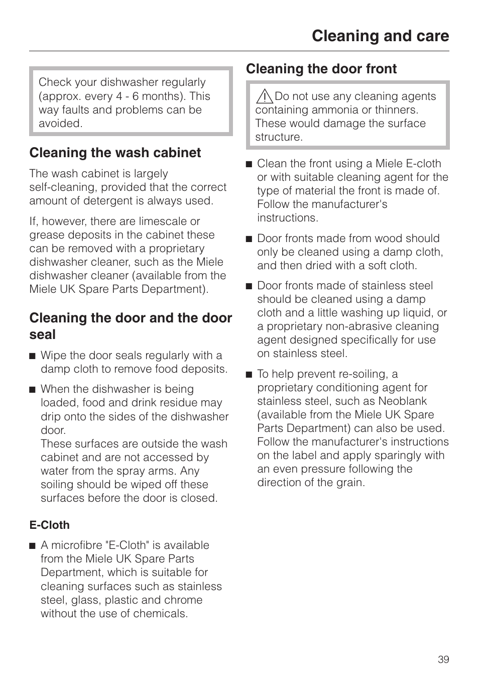 Cleaning and care 39, Cleaning the wash cabinet 39, Cleaning the door and the door seal 39 | Cleaning the door front 39, Cleaning and care, Cleaning the wash cabinet, Cleaning the door and the door seal, Cleaning the door front | Miele 06 702 810 User Manual | Page 39 / 64