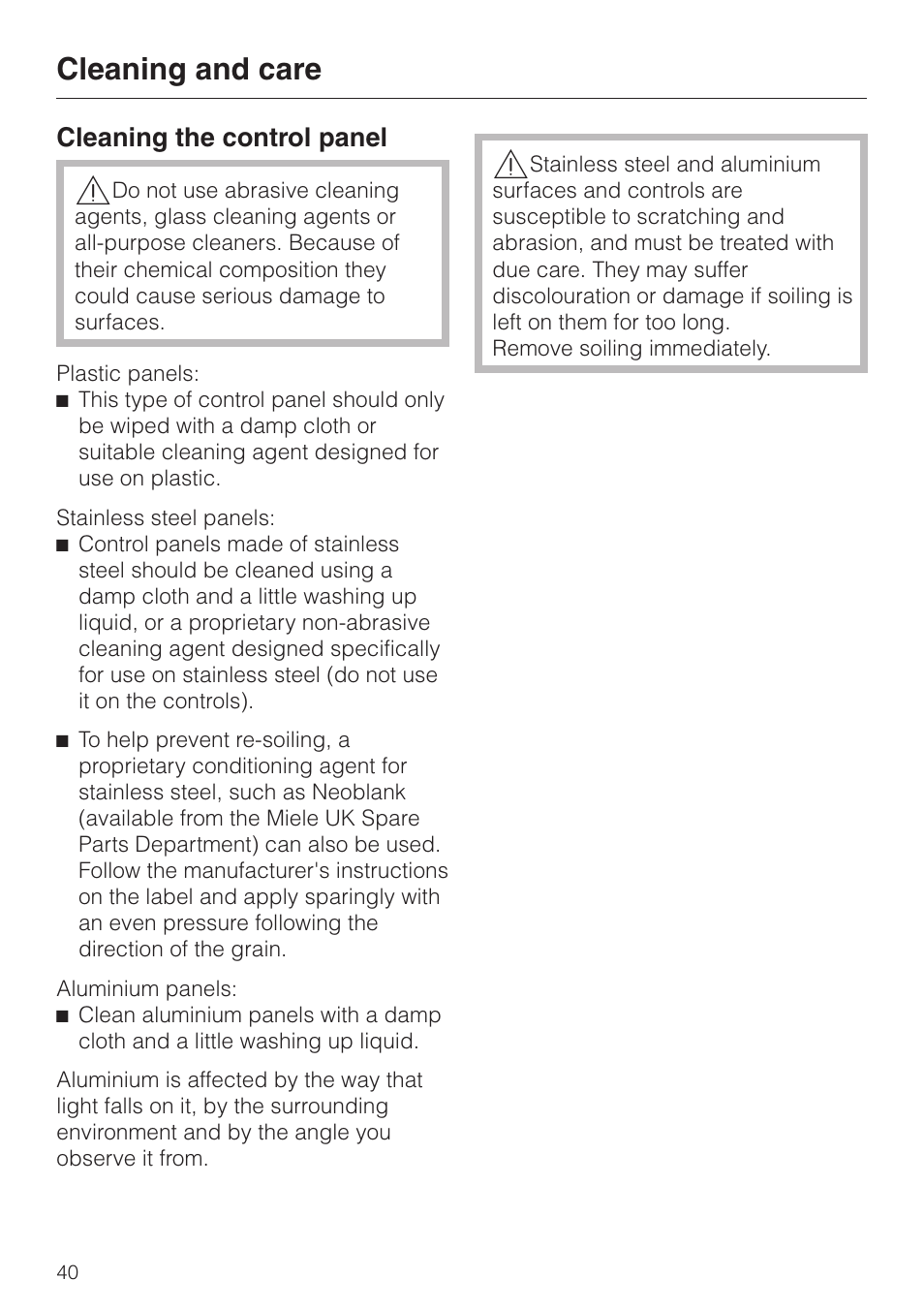 Cleaning the control panel 40, Cleaning and care | Miele 06 702 810 User Manual | Page 40 / 64