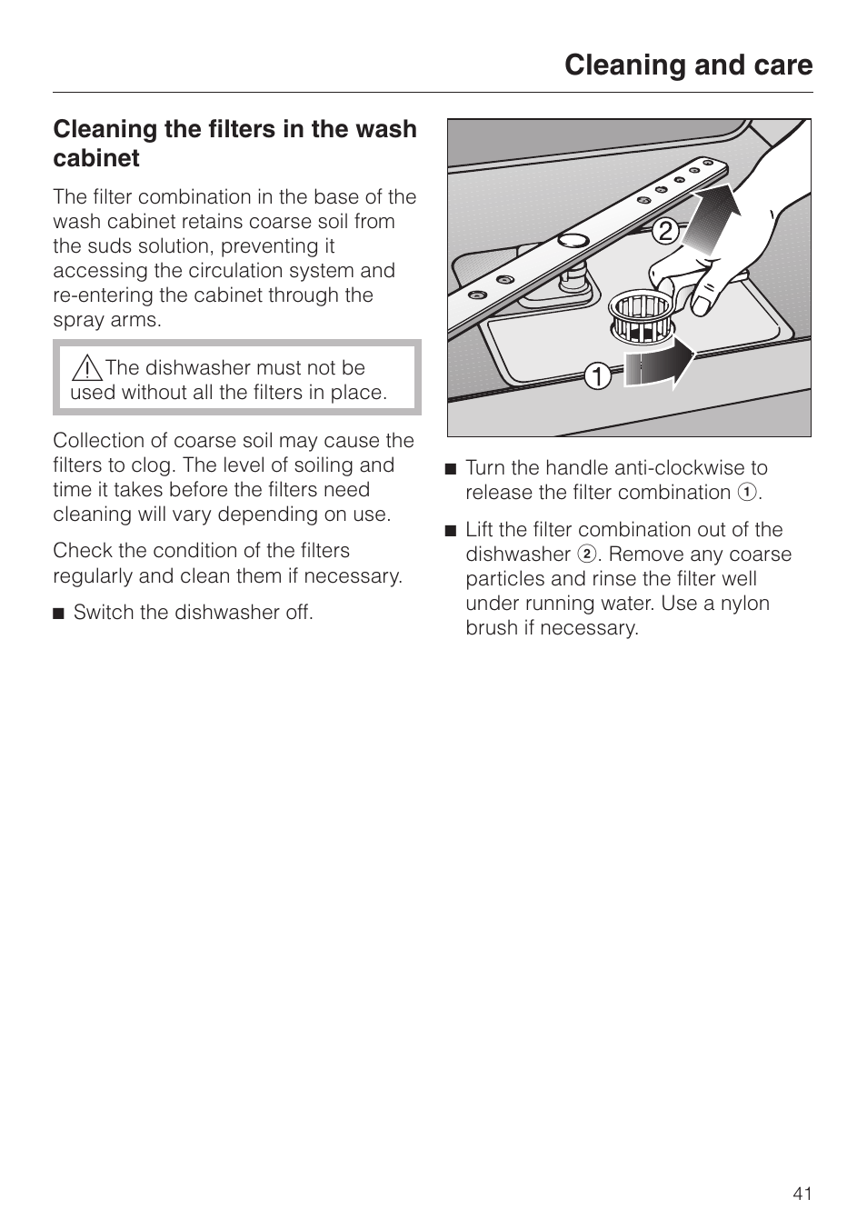 Cleaning and care 41, Cleaning the filters in the wash cabinet 41, Cleaning and care | Cleaning the filters in the wash cabinet | Miele 06 702 810 User Manual | Page 41 / 64