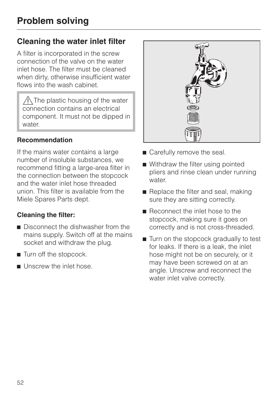 Problem solving 52, Cleaning the water inlet filter 52, Problem solving | Cleaning the water inlet filter | Miele 06 702 810 User Manual | Page 52 / 64